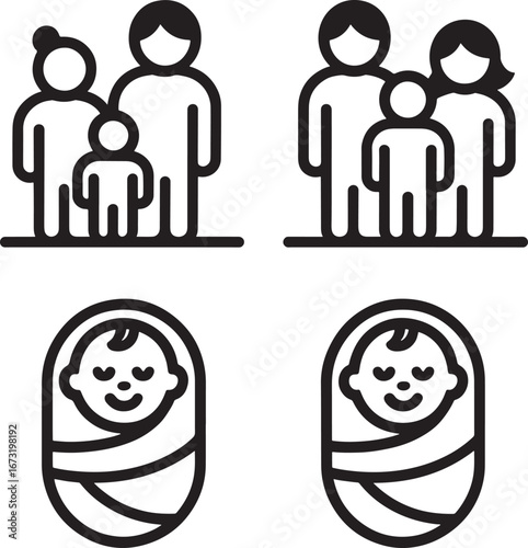 Two pairs of family icons and two icons of swaddled babies in line art people group