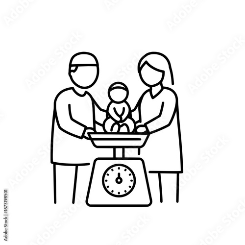 Parents weighing newborn baby on scale with transparent background