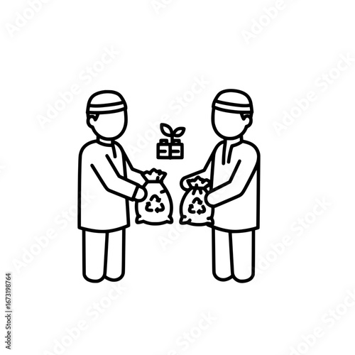 Recycling workers exchanging bags of waste with transparent background
