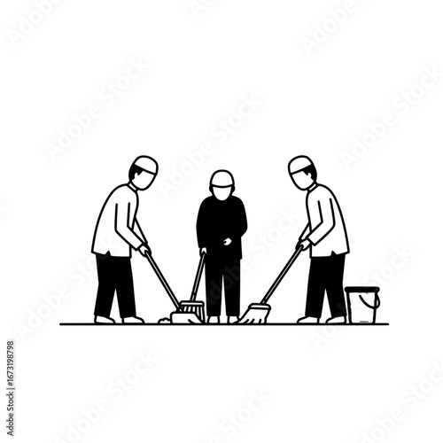 Three people cleaning together with transparent background