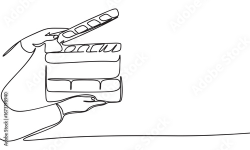 Hands holding a movie clapperboard in a single line art style