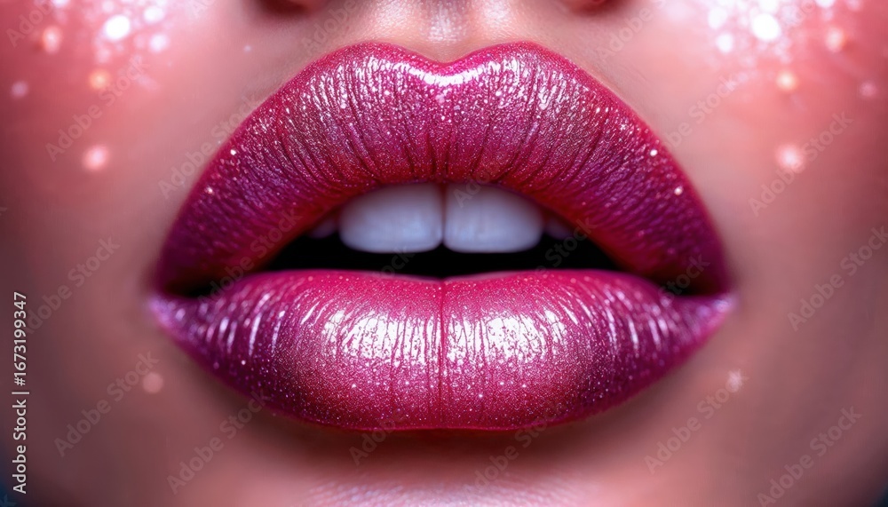 Obraz premium Close up of a womans lips with sparkly pink lipstick and glitter, perfect for beauty and makeup concepts
