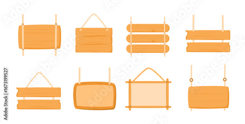 set of hanging wooden board sign vector illustration