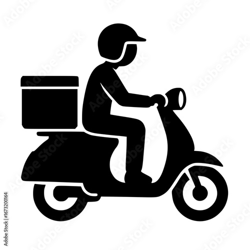 Black Silhouette Scooter Rider with Delivery Box Vector Isolated on White Background