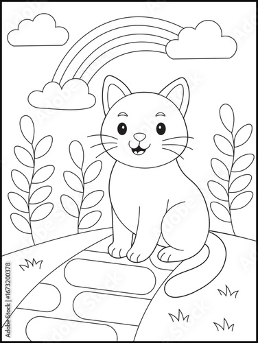 Illustration of Curious Black and White Cartoon Cat Exploring a Garden Coloring Page for Kids and Adults