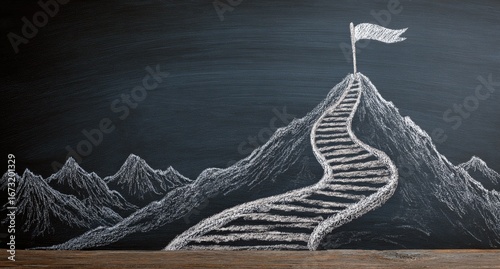 Chalk drawing of winding stairs leading to mountain peak with flag