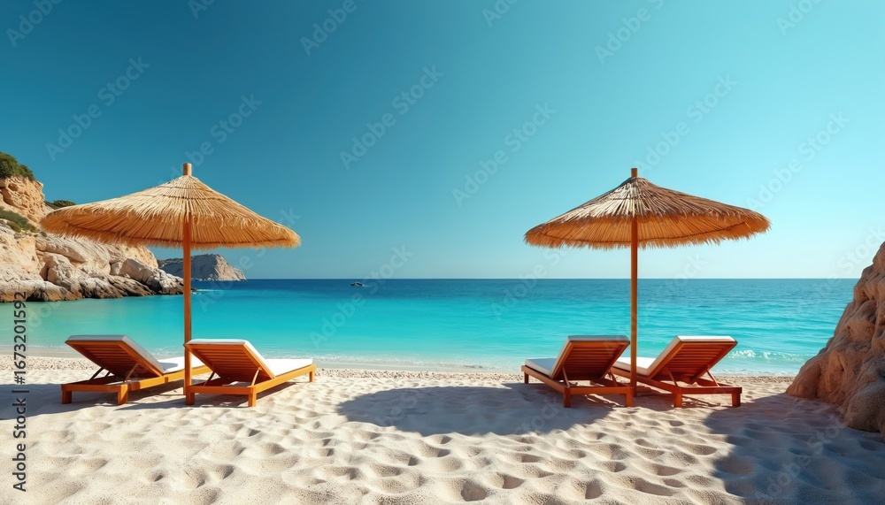Fototapeta premium Serene beach lounge area features straw umbrellas, wooden deckchairs facing tranquil turquoise sea. Empty sandy shore offers peaceful relaxation. Sunny daytime sky complements idyllic summer vacation