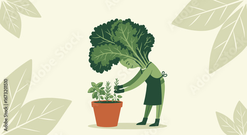 Person With Lush Green Vegetation Head Tending Potted Herbs In Garden Scene