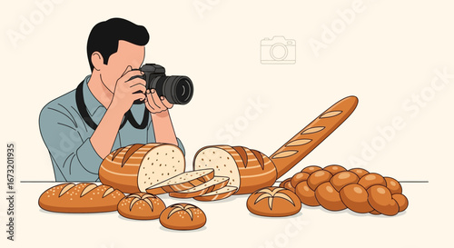 Photographer Capturing Freshly Baked Bread, Creating Delicious Culinary Content for Marketing