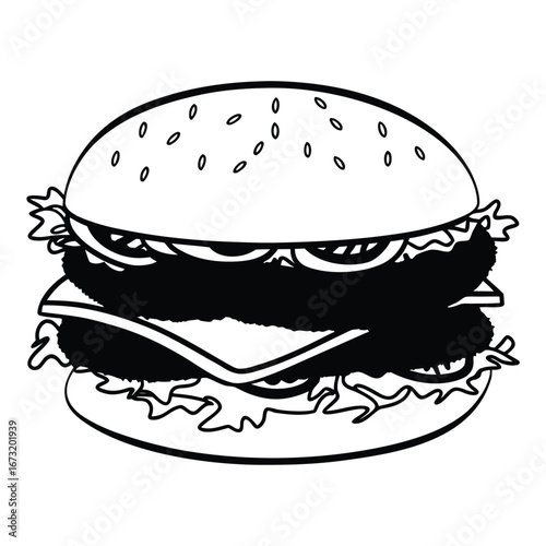 A delicious, layered hamburger with lettuce, cheese, and pickles, set against a simple background