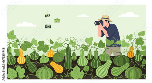 Photographer Capturing Harvest Bounty Amidst Lush Vines and Vibrant Gourds in a Field
