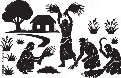 There are agricultural lands and farmers working on the land all around the village hut.  গ্রামীণ পরিবেশে কুড়ে ঘর চার পাশে চাষী জমি কৃষক কাজ করছে