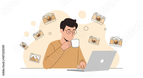 Photographer Drinking Coffee While Working On Laptop And Thinking About Photo Ideas