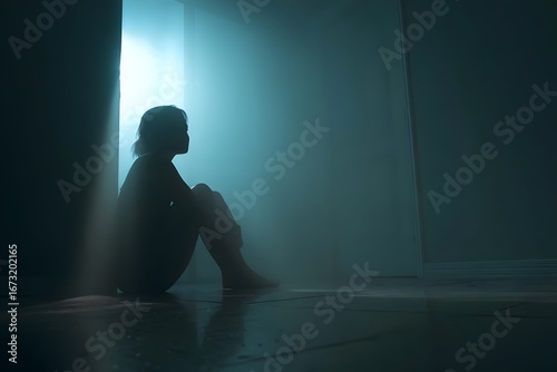 A woman sits on the floor in a dimly lit room.