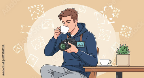 Photographer Taking a Break, Enjoying Coffee, Contemplating Creative Shots, Visualising Concepts