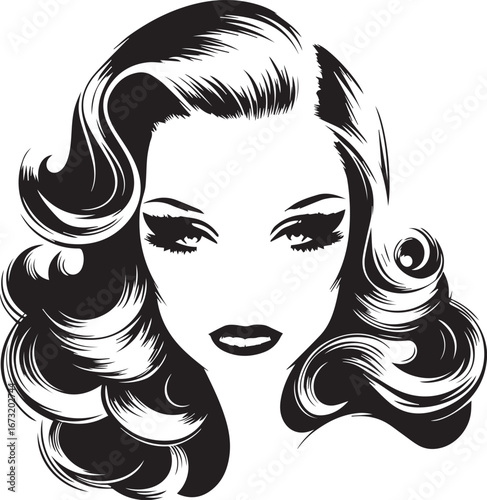 Ethereal Beauty: A stunning graphic illustration of a woman's face, her wavy hair framing a captivating gaze and elegant features, creating a timeless portrayal of beauty and grace.