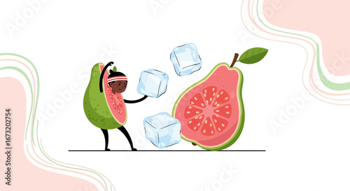 Playful Guava Character With Ice Cubes And A Companion Guava Fruit Illustration