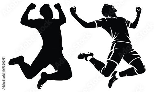  Male soccer players mid-jump celebrating a victory with arms raised high silhouette