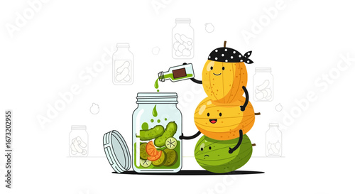 Playful Pickle Making: Funny Fruits and Vegetables Creating a Delicious Culinary Delight