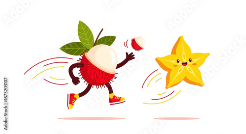 Playful Rambutan Character Tosses Fruit Towards Smiling Starfruit Friend in Illustration