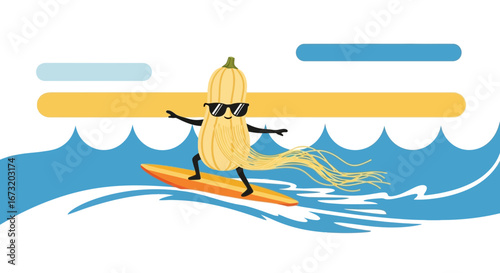 Playful Squash Character Rides The Waves With Sunglasses In A Delightful Summer Scene