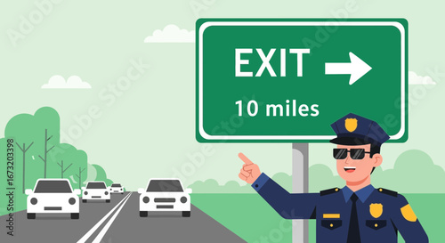 Police Officer Directing Traffic At Highway Exit Sign In Cartoonish Visual Style