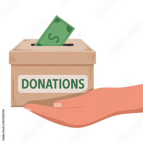 Flat vector illustration of hands holding donation box filled with dollar banknotes isolated on white background great for charity support and fundraising designs