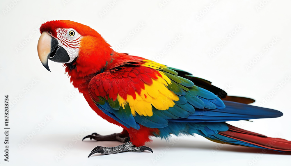 Obraz premium Vibrant scarlet macaw parrot striking red yellow, blue plumage against clean white background. Exotic bird with strong beak, intricate feathers represents wildlife, tropical nature. Beauty perfect