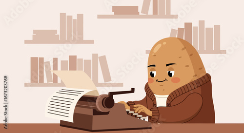 Potato Author Composing Novel on Vintage Typewriter Among Books Writing a Story