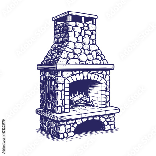 Hand-drawn illustration of a classic outdoor stone fireplace with burning firewood inside its hearth.