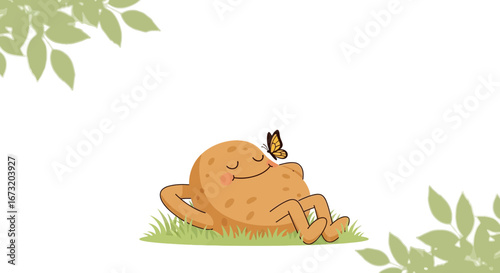 Potato Character Relaxing in Nature with a Happy Butterfly on Its Face