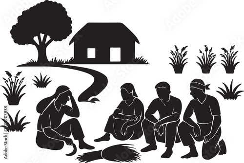 There are agricultural lands and farmers working on the land all around the village hut.  গ্রামীণ পরিবেশে কুড়ে ঘর চার পাশে চাষী জমি কৃষক কাজ করছে