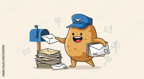 Potato Courier Delivering Postal Mail With Envelopes And Postbox Cartoon Illustration