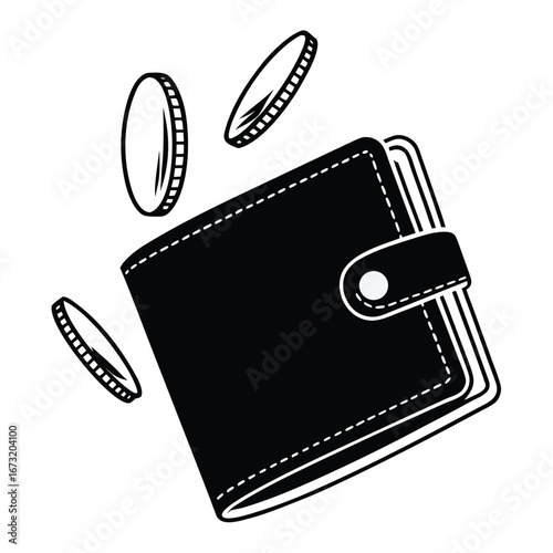 A black wallet with coins being tossed above it, symbolizing finance and savings