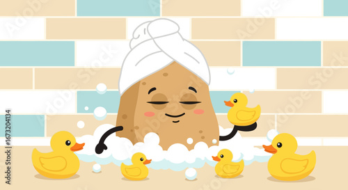 Potato In Relaxing Bath with Rubber Ducks, Enjoying A Spa Day, Calmness