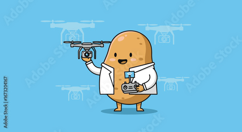 Potato Pilot in Lab Coat Demonstrates Drone Technology on a Light Blue Background