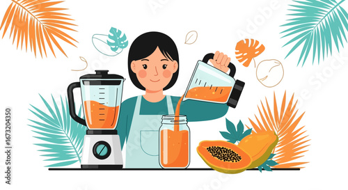 Preparation Of Tropical Smoothie With Papaya And Blender In Bright Illustration
