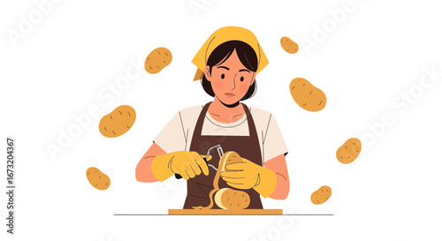 Preparation Of Delicious Food: Potato Peeling And Culinary Creation Illustration
