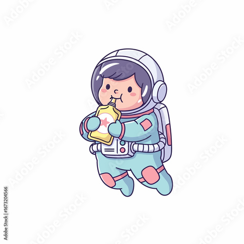 Cute cartoon astronaut in a blue suit with purple hair floating and drinking from a yellow pouch.