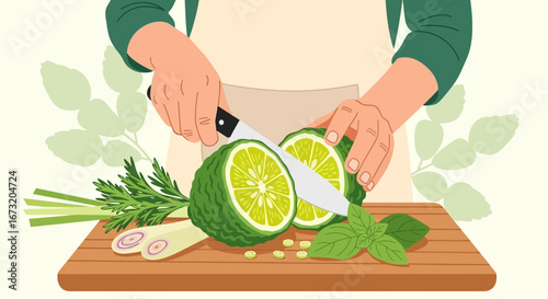 Preparing Fresh Ingredients for Culinary Creations with Citrus Fruits and Aromatic Herbs