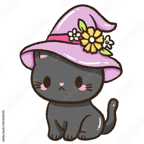 Kawaii black cat wearing floral witch hat illustration halloween pastel spooky doodle design for journaling scrapbooking stickers party invitations magical fall decor and cozy witchy crafts