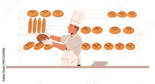 Professional Baker Arranging Fresh Baked Bread Display In Bakery Shop