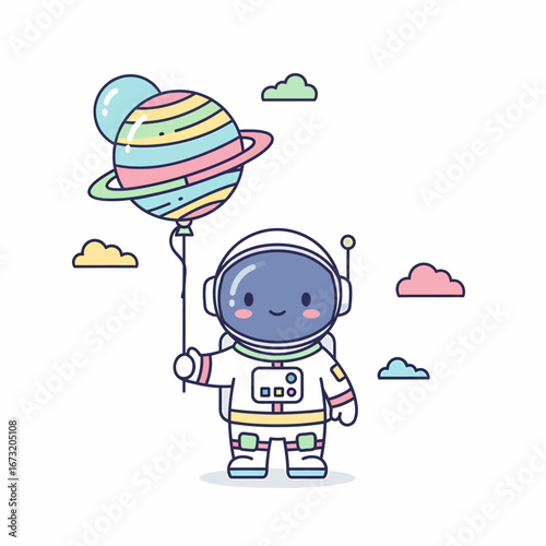 Adorable Kawaii Astronaut Holding a Colorful Planet Balloon.