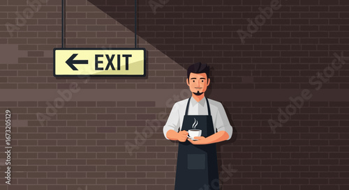 Professional Barista Holding Coffee Cup, Exit Sign Indicates Direction, Business Departure Concept