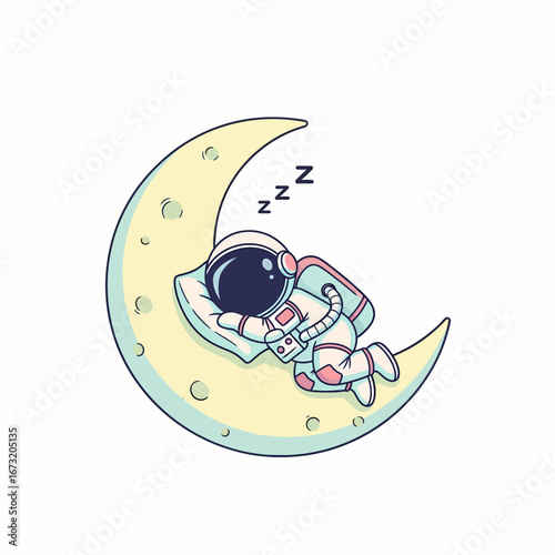 Cartoon astronaut sleeping peacefully on a crescent moon wearing a white suit resting on a blue pillow.