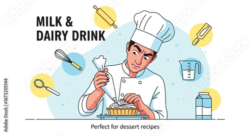 Professional Chef Applying Cream, Illustration About Baking and Dairy Drink Design Elements