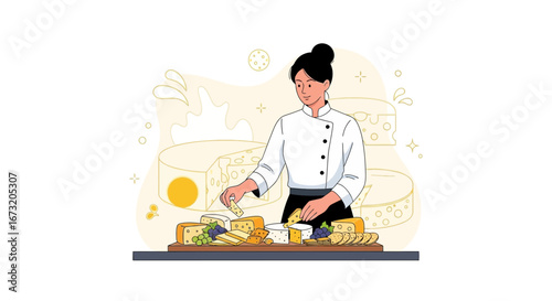 Professional Female Cheese Maker Arranging Different Cheeses On A Platter