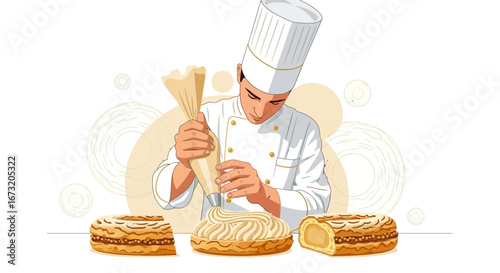 Professional Pastry Chef Expertly Icing an Exquisite Cake with Artistic Precision