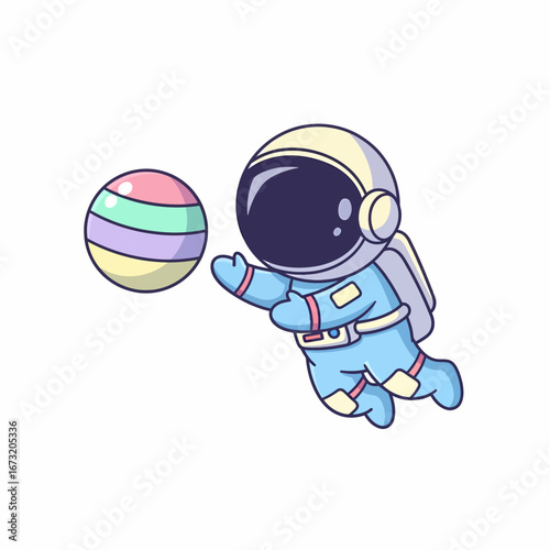 Cartoon Astronaut in Blue Suit Reaching for a Colorful Striped Ball in Space.
