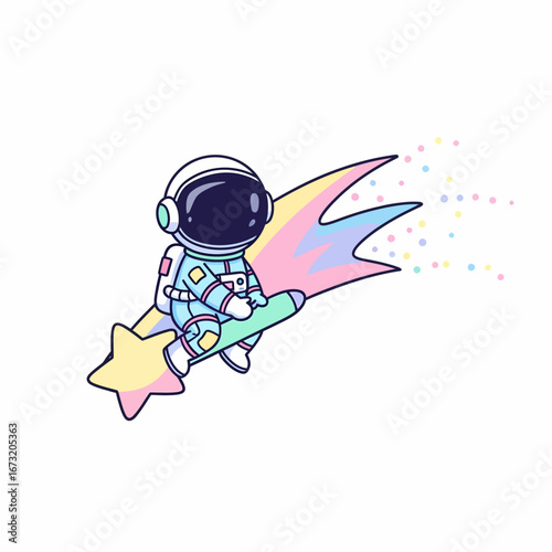 Cute cartoon astronaut riding a vibrant rainbow shooting star featuring a yellow head and trailing colorful dust.